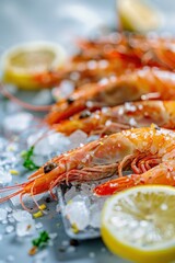 Delicious grilled prawns on ice with lemon slices for gourmet seafood dining experience