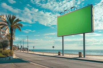 Empty green billboard by a beachfront road with palm tree, bright sky, and ocean view, ideal for advertisement or promotional display.