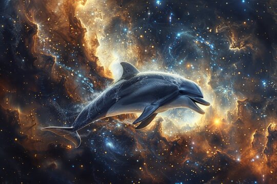 A beautiful digital artwork of a dolphin swimming in a cosmic, star-filled galaxy, blending nature and space in a surreal scene.