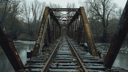 A train track crosses a river on a bridge, suitable for illustrations about transportation or infrastructure
