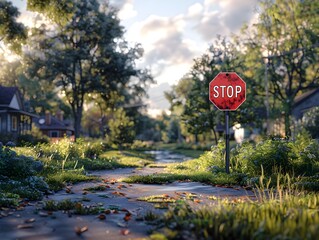 Commanding Ruby Red Stop Sign Interrupts Tranquil Suburban Neighborhood Scene