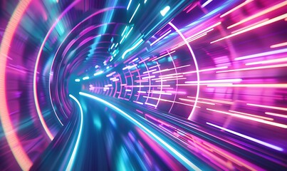 Abstract High-Speed Data Transfer Tunnel with Pink, Blue, and Green Neon Waves and Glare Lights for...