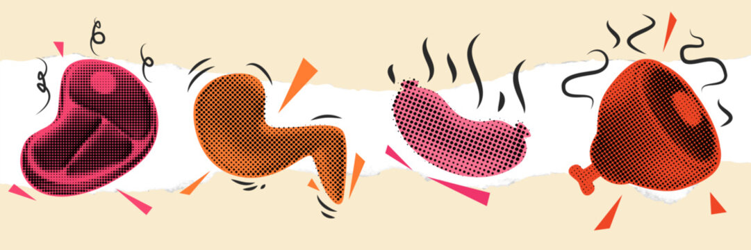 Abstract modern art collage composition with meat food and decorative doodle elements. Creative bright trendy concept illustration. Stylish vector background for cover banner, poster, card.