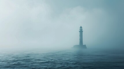 Fototapeta premium A lighthouse stands tall amid thick fog in the vast ocean on a gloomy day, A lighthouse standing tall against the endless ex