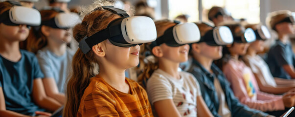 Group of children in a classroom wearing virtual reality headsets, experiencing immersive technology and engaging with digital learning tools.