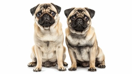 Cheerful Pair of Pugs Sitting Together in Playful Pose on White Background