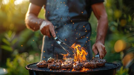 Fototapeta premium Grilling Perfection: A Man Tends to a Fiery Barbecue
