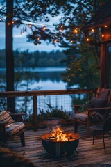 A cozy outdoor setting with a fire pit and wooden decking, suitable for backyard gatherings or camping trips