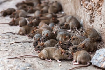 Fototapeta premium A group of rats sitting on the ground next to a building wall