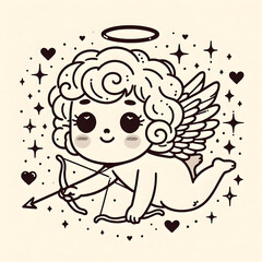Minimalist engraving of a cute Cupid with a love arrow and stars, representing the god of love and romance. Illustrations