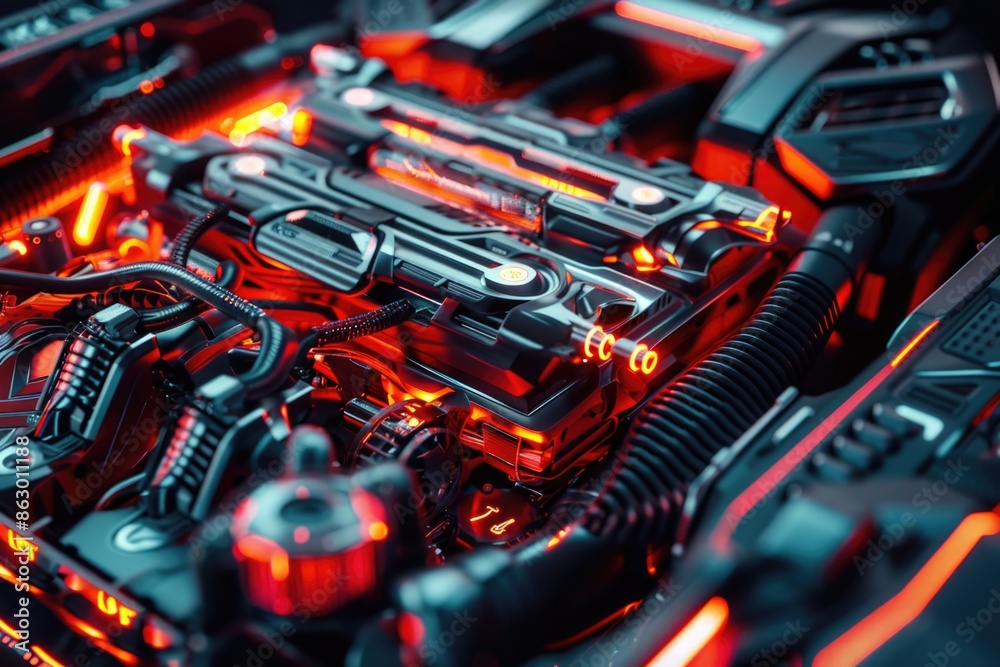 Poster a close-up view of a car engine with red lights illuminated, useful for automotive or mechanical ill