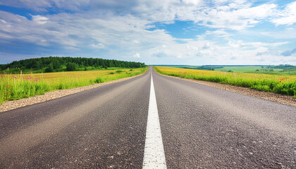 Fototapeta premium A long, flat, straight road passing through green fields. Background with empty space for text. Generative AI