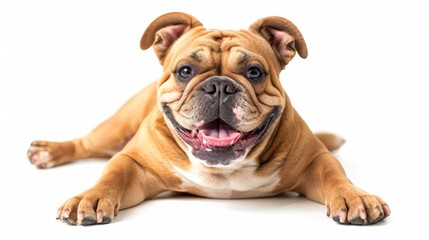 Obraz premium Cheerful English Bulldog with a Toothsome Grin on White Background