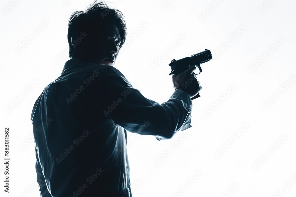 Poster a person holding a firearm, suitable for use in various scenarios and themes