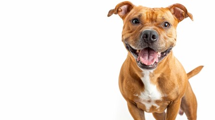 Obraz premium Happy Staffordshire Bull Terrier with Wagging Tail on White Background