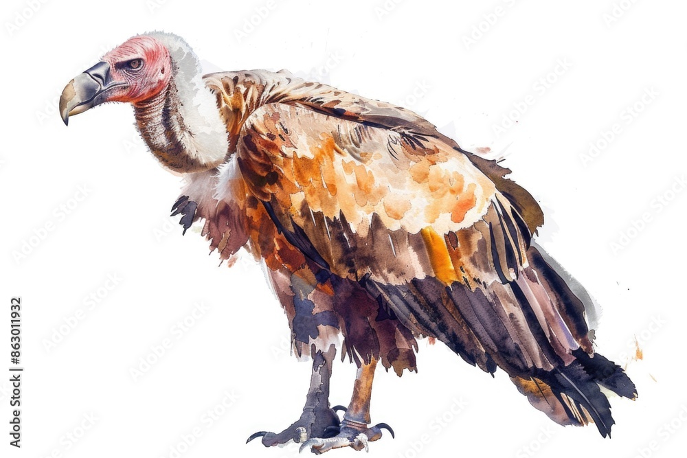 Canvas Prints A close-up view of a vulture sitting on a white surface, its feathers and beak prominent