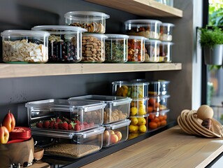 A pantry with stackable storage containers