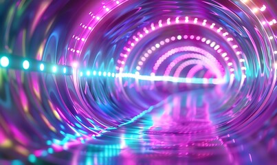 Obraz premium Abstract High-Speed Data Transfer Tunnel with Pink, Blue, and Green Neon Waves and Glare Lights for Sci-Fi Background