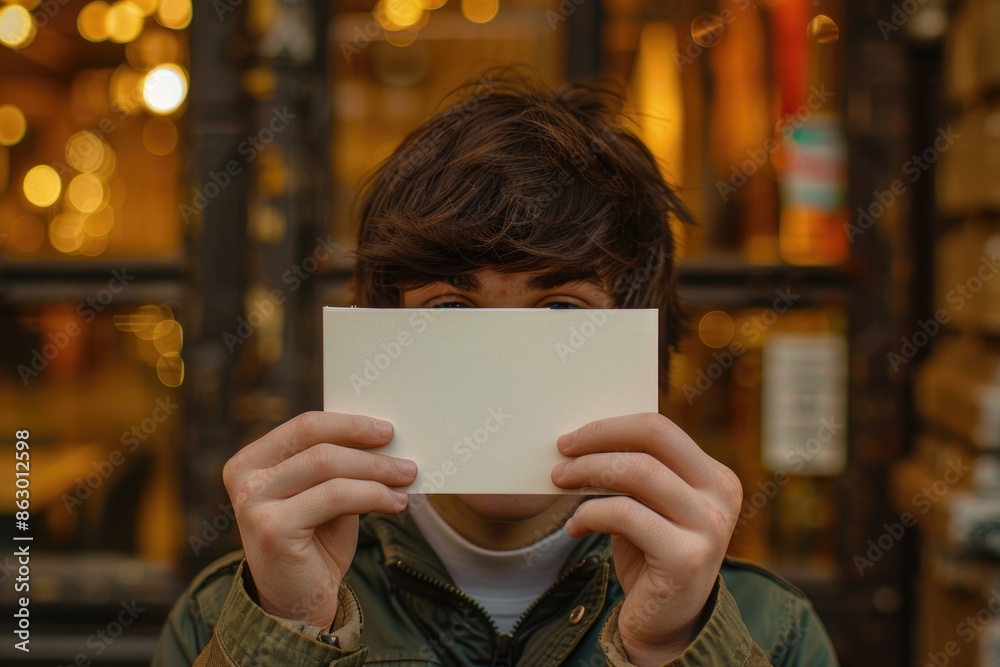 Poster a person conceals their face with a piece of paper, leaving only a hint of their identity