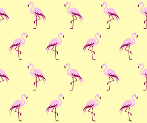 Różowe flamingi. Wzór bezszwowy. Ptaki na żółtym tle.