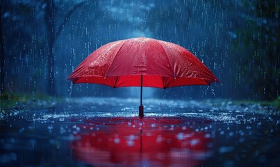 Red Umbrella Under Heavy Rain in a Garden Street 