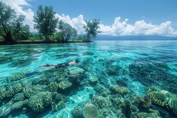 Obraz premium A person snorkeling in crystal-clear water, surrounded by vibrant coral reefs and tropical fish. 