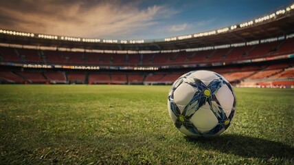 Close-up of a soccer ball, on the green field of a large stadium, prepared for a match under the bright lights of the stadium. Football background, sports design
