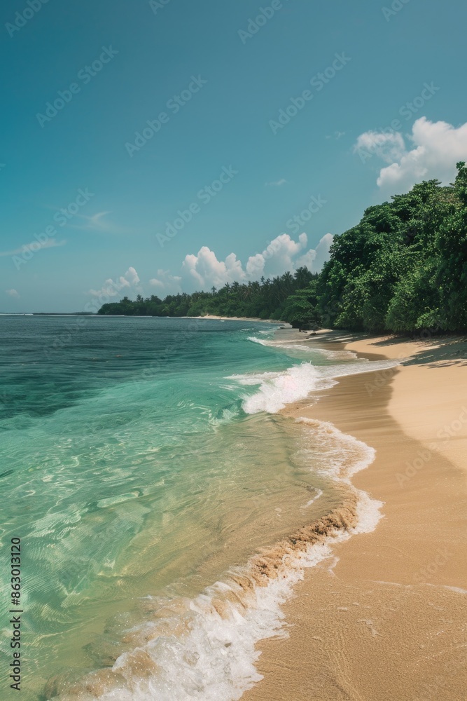 Poster aerial view of a sandy beach with waves crashing onto the shore