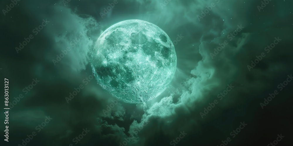 Aufkleber a bright green full moon shining through a layer of clouds in the night sky