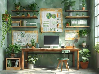 Recycled parchment financial reports accented with verdant plants for ethical business practices