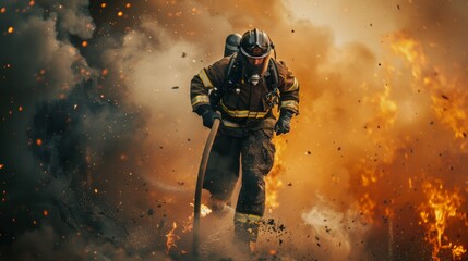 Fototapeta premium A tired firefighter, with his firefighter uniform, black pants with refractory, on a firefighting mission, smoke is seen behind