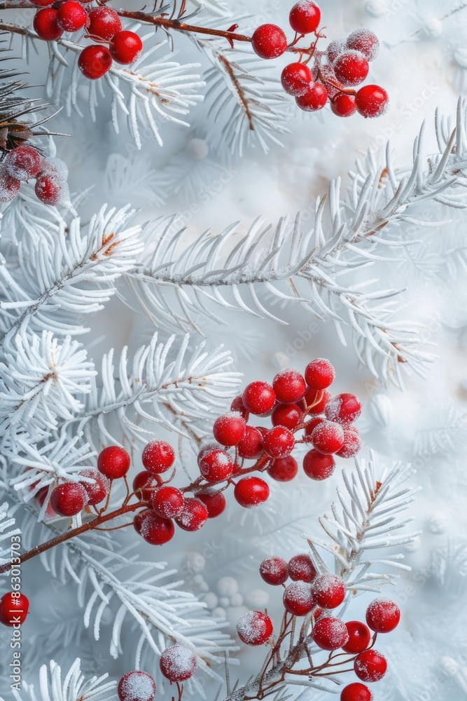 Poster A close-up shot of a tree branch featuring bright red berries, ideal for use in designs related to nature and the outdoors