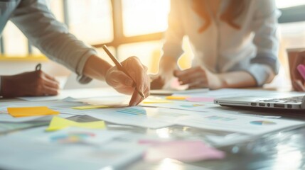 Corporate team brainstorming with business coach, strategic planning, collaborative effort