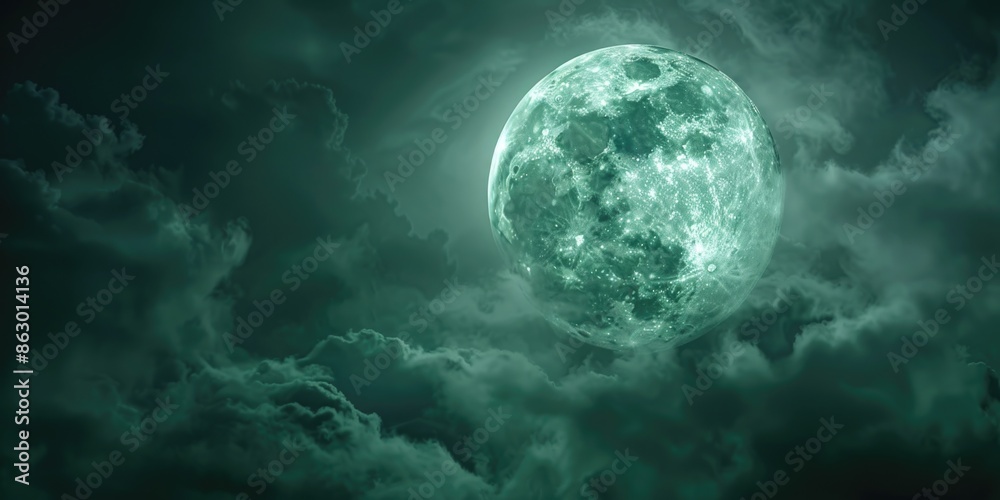 Poster a picture of the full moon shining through cloudy skies, ideal for use in images about nature, astro