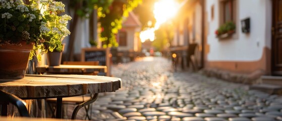 Charming cobblestone alley with outdoor cafe, European village, idyllic street