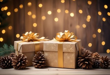 Christmas and new year background - gift boxes pine cones and branches on the background of bokeh garlands