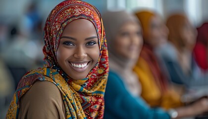 Black female muslim woman laughs with colleagues in office meeting.
