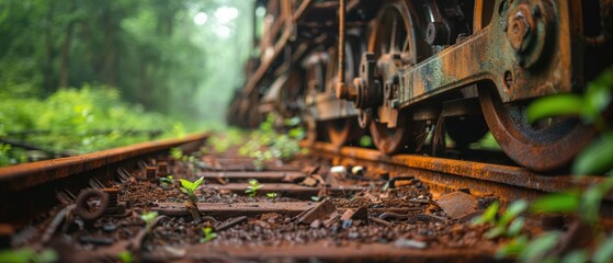 Abandoned machinery in forest, industrial waste, environmental impact