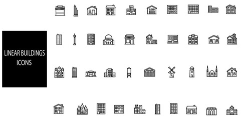 Buildings simple concept 40 icons set. Contains such  house, office, bank, school, hotel, shop, university and hospital, building, office building, business, smart city, buildings.Vector illustration.