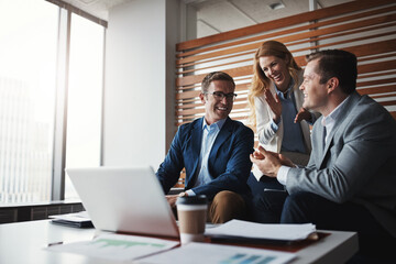 Documents, laptop and team of business people in office for discussion with revenue or profit report. Meeting, collaboration and financial advisors with computer and company finance paperwork.