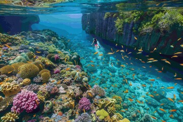 Fototapeta premium A person snorkeling in crystal-clear water, surrounded by vibrant coral reefs and tropical fish. 