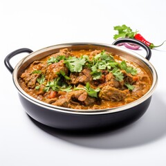Delicious Mutton Korma Curry in Black Serving Pot with Cilantro Garnish