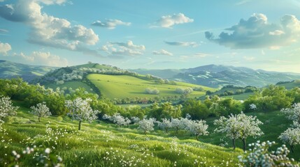 Obraz premium Illustration of A peaceful countryside with rolling hills, green fields, and blooming orchards