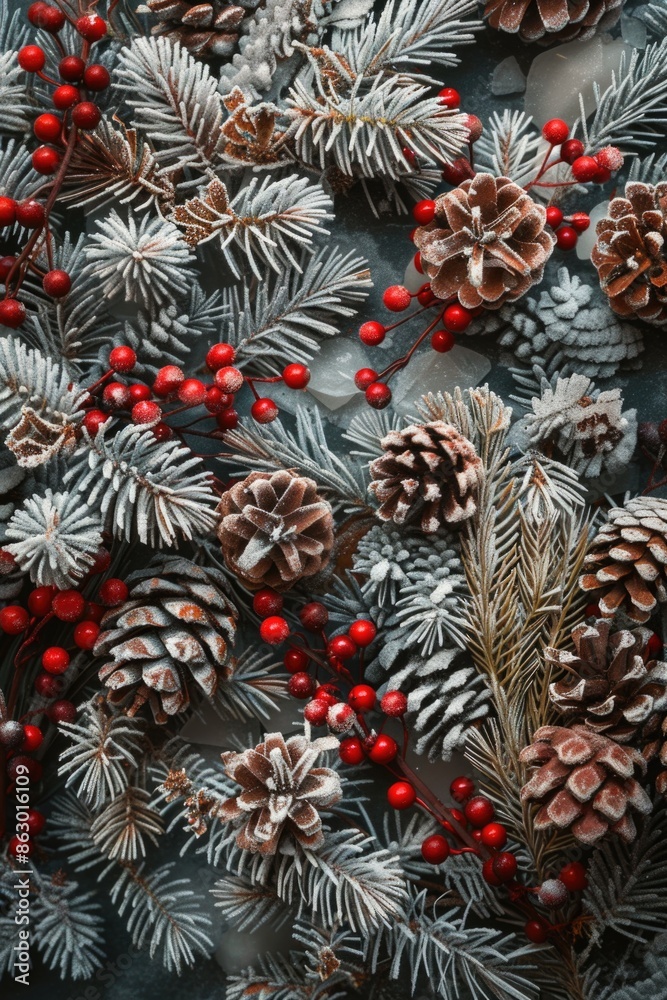 Poster a collection of pine cones surrounded by red berries on a natural setting