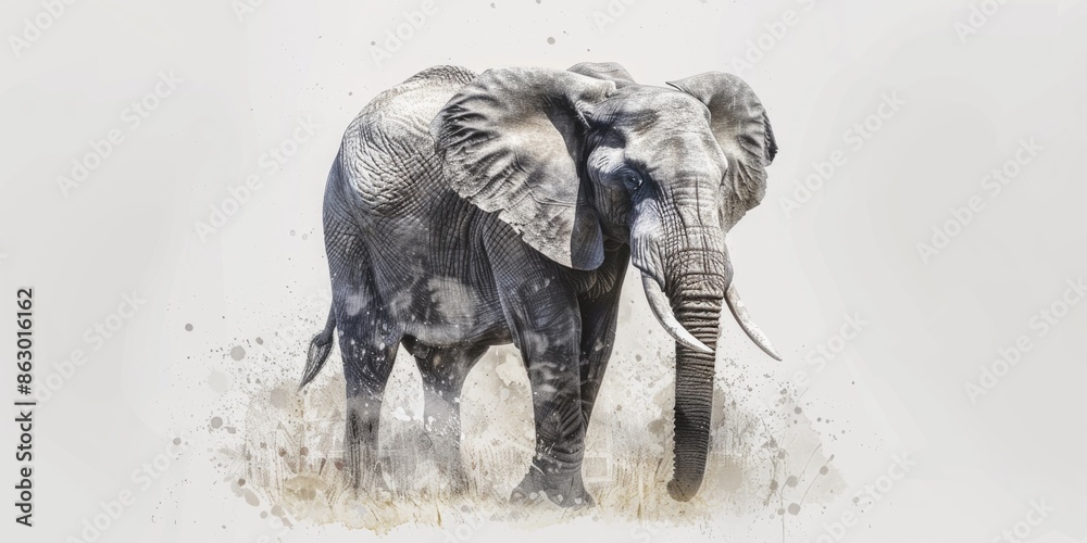 Poster an elephant standing in a green field with a white background