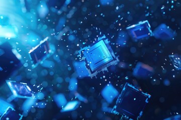 A group of blue cubes suspended in the air, no visible supports or strings