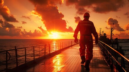 An oil and gas worker in uniform walking on the deck of an oil platform with an ocean horizon and sunset sky background