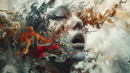 Woman's face showing chaotic feelings, emotions, sadness, relief, fear, unknowing, concept art