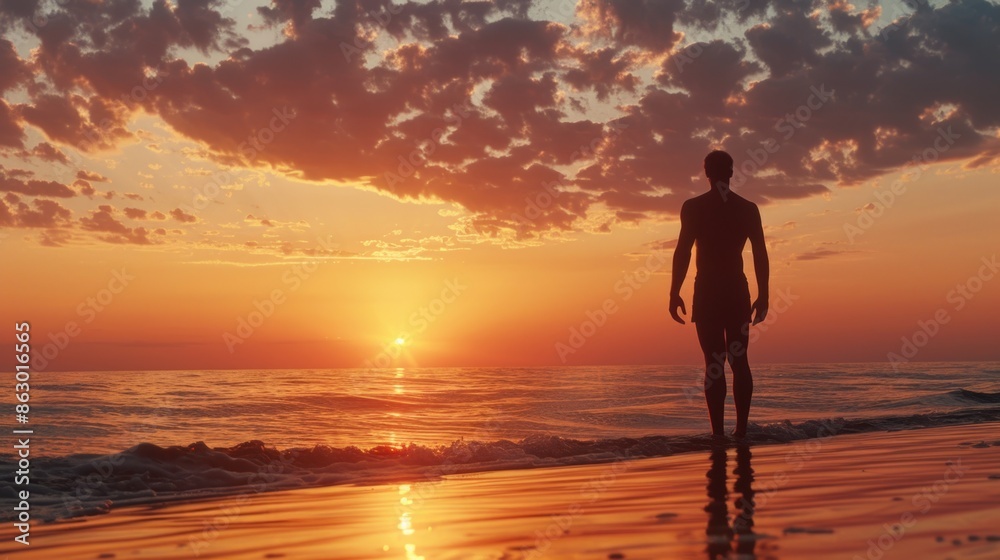 Poster a person stands alone on a beach as the sun sets in the background, with warm tones and subtle shado