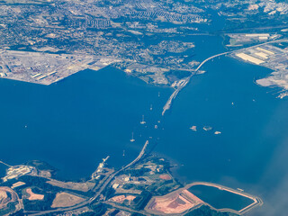 aerial landscape view of Patapsco River near Baltimore, Maryland with Francis Scott Key Bridge where parts collapsed on March 26, 2024 after container ship Dali stroked the bridge